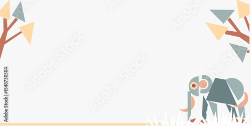 Elephant day celebration background design with cubism elephant animal and plants and with negative area for text. Cute elephant animal geometry. protecting animal. world elephant day
