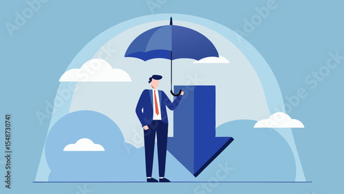 Businessman holding umbrella protecting from economic downturn and financial crisis