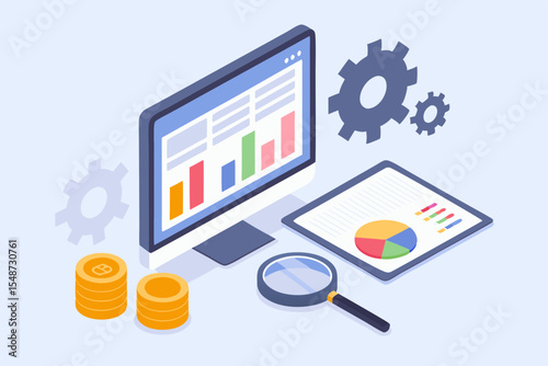 Isometric illustration of business data analytics cryptocurrency and financial analysis