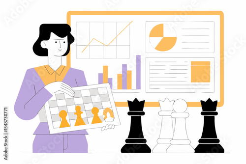 Businesswoman holding a chess board with financial charts and chess pieces