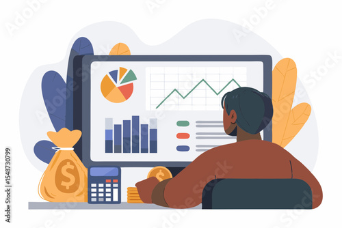 Analyzing financial data on computer screen with money bag and calculator