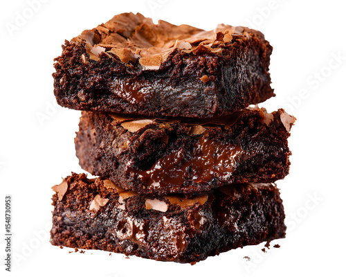 Stack of moist chocolate brownies with crispy top crust isolated on transparent background