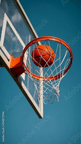 Basketball Suspended Mid-Air Above Hoop, Realistic Action Photo, No Players