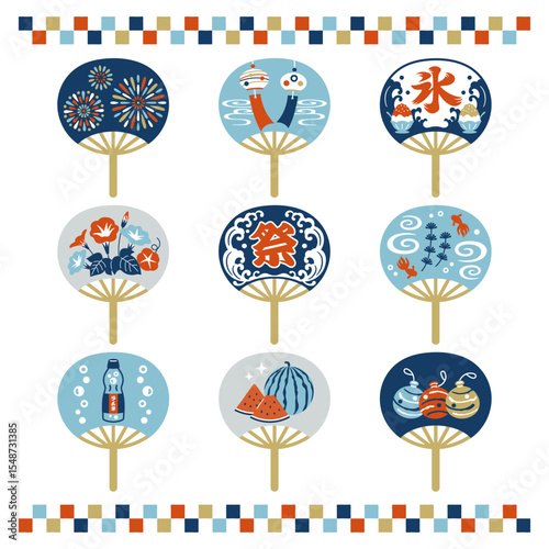 Japanese summer Uchiwa  icon set. Fireworks, goldfish, watermelon, wind chimes, morning glory