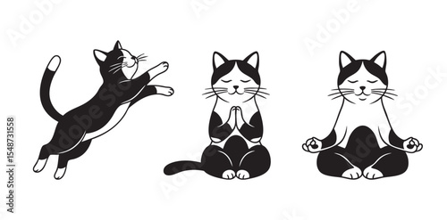 Three cute cats in yoga poses: jumping, praying, and meditating, expressing peace, mindfulness, and playful spirit in black and white art.