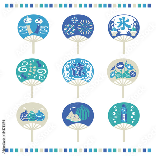 Japanese summer Uchiwa  icon set. Fireworks, goldfish, watermelon, wind chimes, morning glory