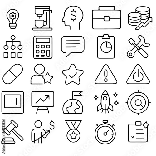Set of diverse business and finance icons that symbolize various aspects of the modern workplace and economic activity