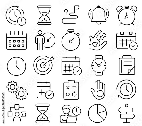 A collection of time management and planning icons, conveying concepts related to organization, deadlines, and efficiency