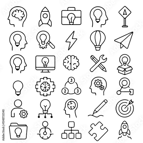 Collection of unique and creative ideas, represented as a set of line art icons. Explore concepts of innovation and inspiration