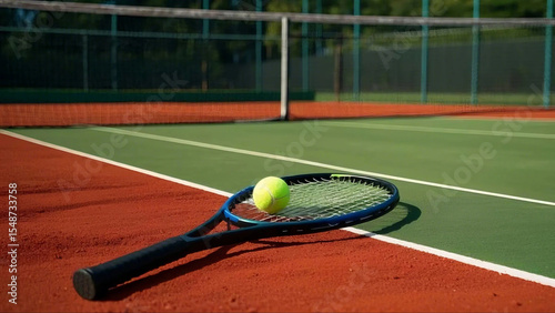 Close-Up of Tennis Ball and Racket on Red Clay or Hard Court, Realistic Photo