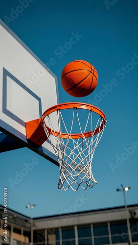 Basketball Suspended Mid-Air Above Hoop, Realistic Action Photo, No Players