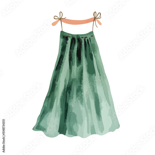 Flowing Green Skirt on Hanger with Bow Ties Watercolor Style