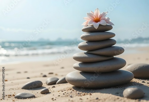 Zen balance pebbles with bloom on the beach symbolizing well-being