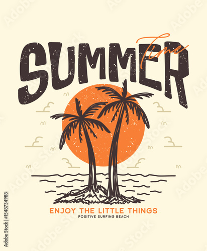Summer time with palm trees hand drawn illustration, ready for print on paper poster, t-shirt and other uses.