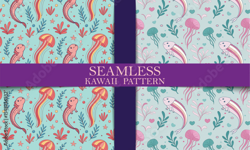Seamless Kawaii Axolotl and Jellyfish Pattern Cute Underwater Designs