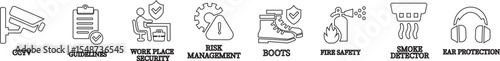 
Work safety line art icon set.Warning sign safety first clip art collection for under construction.Obstacle vector illustration.Icon vector for safety and health at work with safety first.
