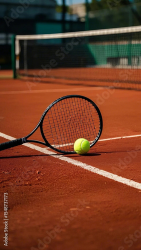 Close-Up of Tennis Ball and Racket on Red Clay or Hard Court, Realistic Photo