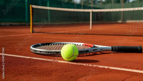 Close-Up of Tennis Ball and Racket on Red Clay or Hard Court, Realistic Photo