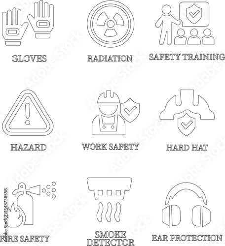 
Work safety line art icon set.Warning sign safety first clip art collection for under construction.Obstacle vector illustration.Icon vector for safety and health at work with safety first.
