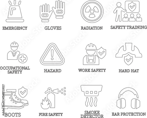 
Work safety line art icon set.Warning sign safety first clip art collection for under construction.Obstacle vector illustration.Icon vector for safety and health at work with safety first.
