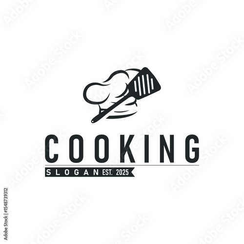 elegant silhouette concept design of cooking logo with chef hat icon, and equipment silhouette symbol for restaurant, bar, cafe, catering business template illustration for poster