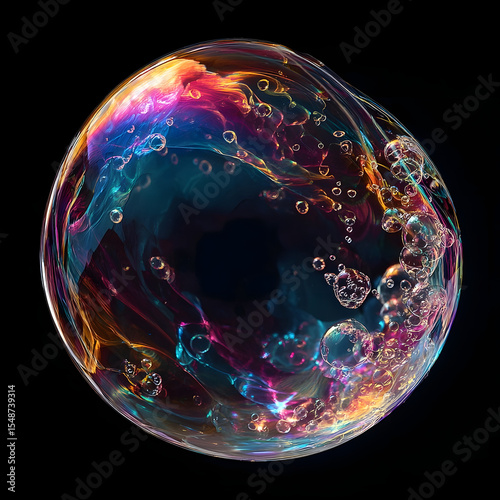 Vibrant Soap Bubble with Rainbow Hues on Black Background