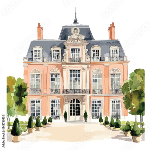 PeachColored French Chateau with Ornate Details and Lush Greenery