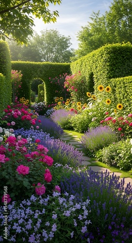A garden path winds through colorful flowers and manicured green hedges