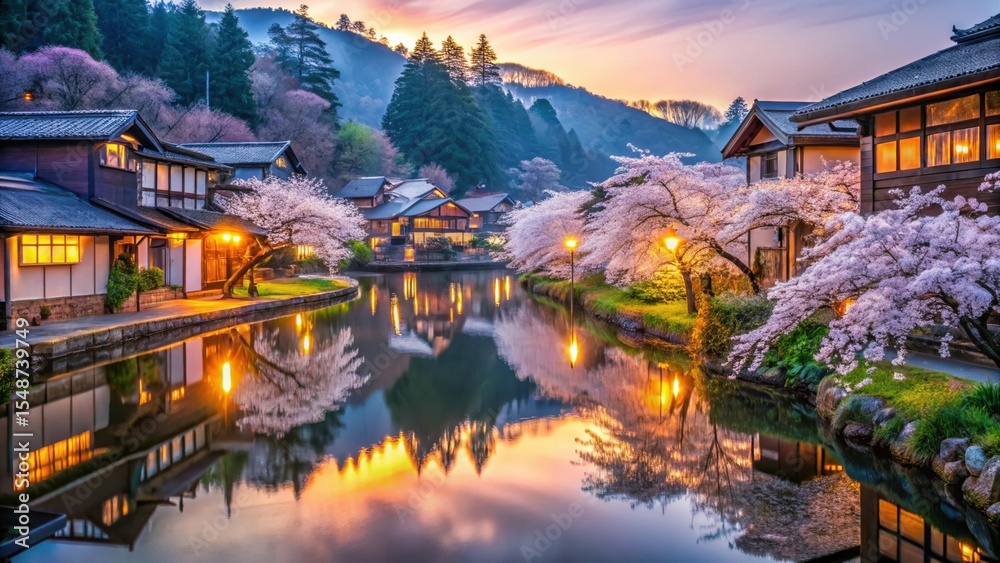 Obraz premium Serene Japanese Village at Dawn: Cherry Blossoms Frame Tranquil Canal Reflecting Houses and Hillside