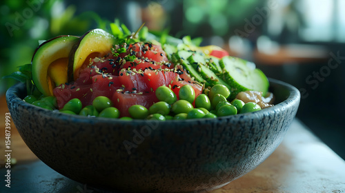 Close-up of a vibrant poke bowl featuring fresh tuna, avocado, cucumber, edamame, and sesame seeds. A healthy and delicious meal.