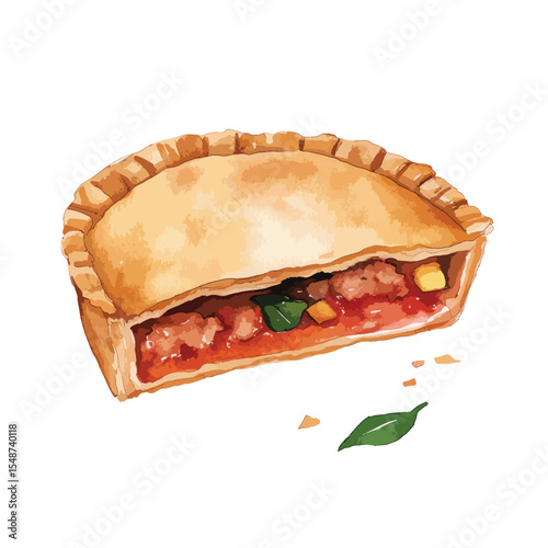 Savory meat pie slice with flaky crust and visible filling details