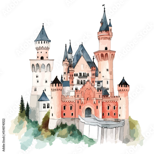 Romantic Watercolor Illustration of Hohenschwangau Castle