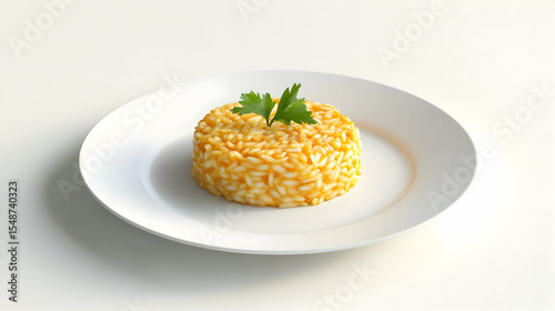 A single serving of golden risotto, garnished with fresh parsley, sits on a clean white plate. The warm yellow color of the rice contrasts beautifully