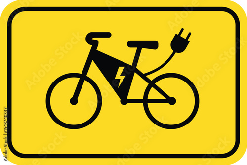 Electric Bicycle Use Allowed Yellow Sign. Reserved Parking for E-Bikes Sign. E-Bike Charging