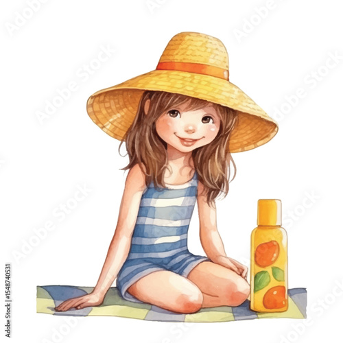 Smiling girl in striped swimsuit and straw hat with sunscreen bottle