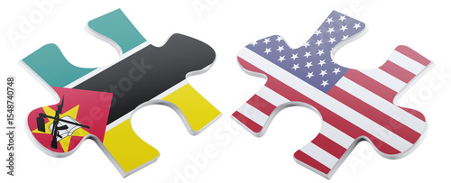 Two puzzle pieces depicting the flags of Mozambique and the United States, suggesting partnership, connection, or diplomatic relations in a symbolic representation.
