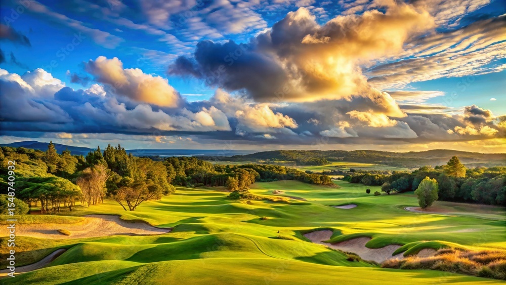Obraz premium Majestic Sunrise over Rolling Green Golf Course A Stunning Landscape Photography