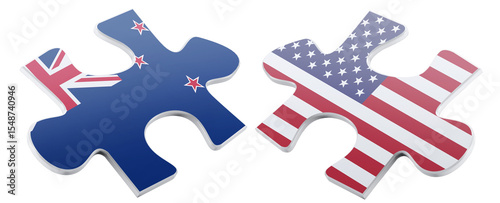 Two puzzle pieces, one showing the New Zealand flag and the other the United States flag, are about to connect together, representing diplomacy and the potential for unity.
