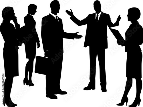"Artistic silhouette mural of corporate individuals in professional outfits, displaying leadership, teamwork, and communication through gesture and pose. Black figures distributed harmoniously across 