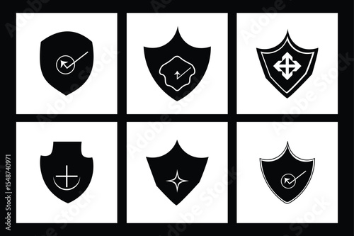 Collection of Six Black and White Shield Icons Representing Security and Protection Concepts
