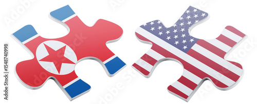 Conceptual illustration showing a potential agreement represented as puzzle pieces featuring the flags of the USA and North Korea, isolated on a black backdrop with a hopeful