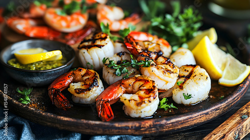 Grilled shrimp and scallops with lemon wedges and a vibrant green sauce. A delicious seafood feast!