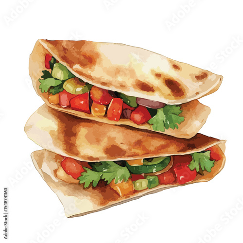 Stacked watercolor tacos filled with vibrant vegetables and fresh cilantro