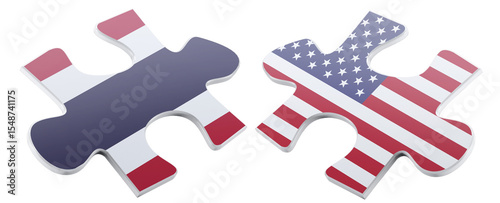 Two puzzle pieces featuring flags, one depicting Thailand's tricolor and the other showcases the stars and stripes of the USA, hinting at collaboration and partnership.