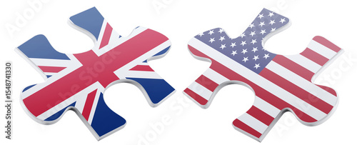 Two puzzle pieces featuring the United Kingdom and United States flags, symbolizing unity and cooperation with a glossy, 3D rendered visual style that emphasizes connection.