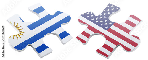 Two puzzle pieces, one adorned with the American flag and the other with the Uruguayan flag, symbolize the union and connection between Uruguay and the United States.
