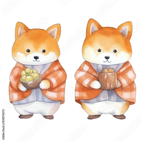 Two Adorable Shiba Inu Dogs in Plaid Jackets Holding Treats