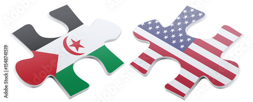 A symbolic representation of international relations, featuring two puzzle pieces, one adorned with the flag of Western Sahara/Sahrawi, and the other with the American flag.