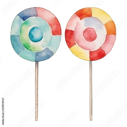 Two Vibrant Watercolor Lollipops with Colorful Swirls