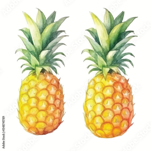 Two Watercolor Pineapples with Green Spiky Crowns and Textured Rinds